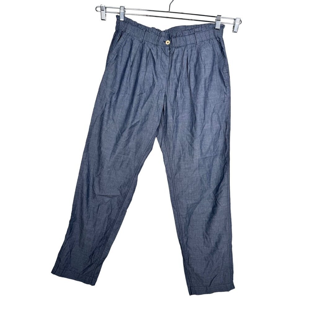 J.Crew Chambray High-Rise Pants Tapered Leg Elastic Waist Pleated Blue Sz Medium